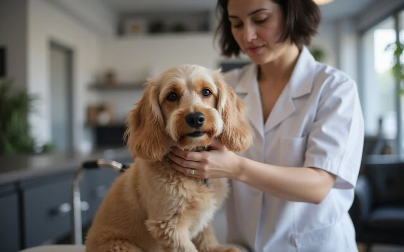 A fluffy golden retriever sitting calmly on a grooming table while a smiling groomer in Puchong trims its coat with professional scissors