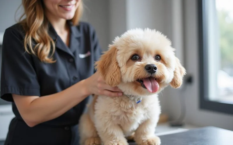 A professional pet groomer in a clean salon carefully trimming a small dog on a grooming table with good lighting and tidy equipment visible in the background