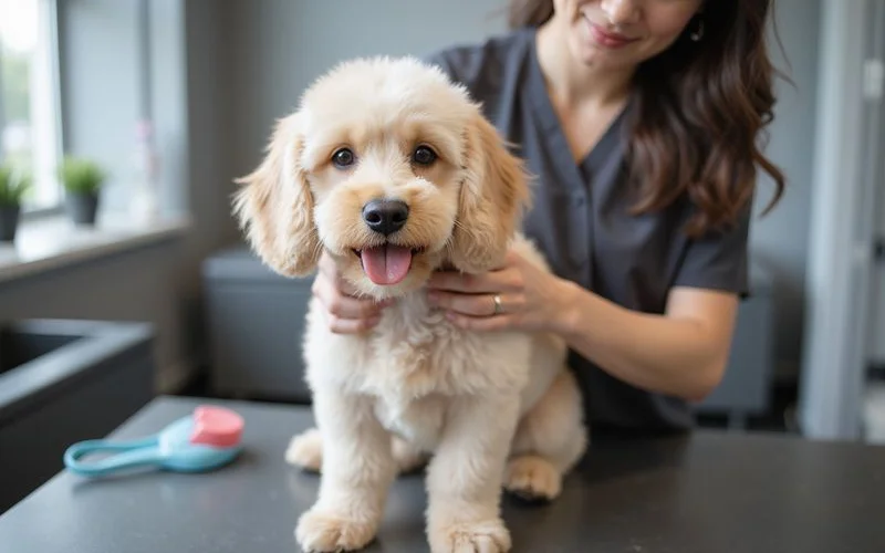 A professional pet groomer carefully trimming a fluffy dog's coat inside a clean, well-lit grooming salon in a suburban area