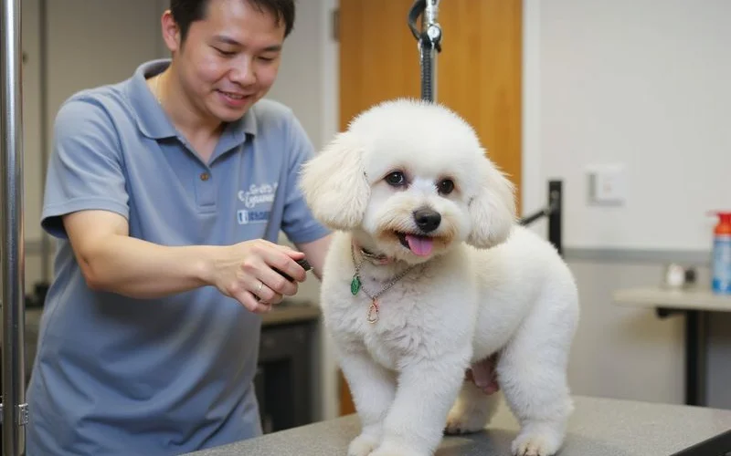 An independent pet grooming directory website displayed on a laptop screen, showing a list of groomers in Puchong with ratings and filter options for cats, dogs, and rabbits